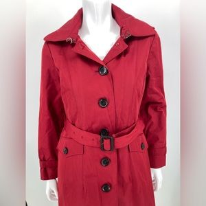 Michael Kors Red All Weather Trench Coat Hooded Button Down Lined Gently Used